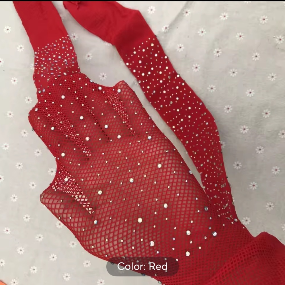 NWT RED rhinestone fishnet Stockings stripper hot fire RED sexy tights fit XXS-L